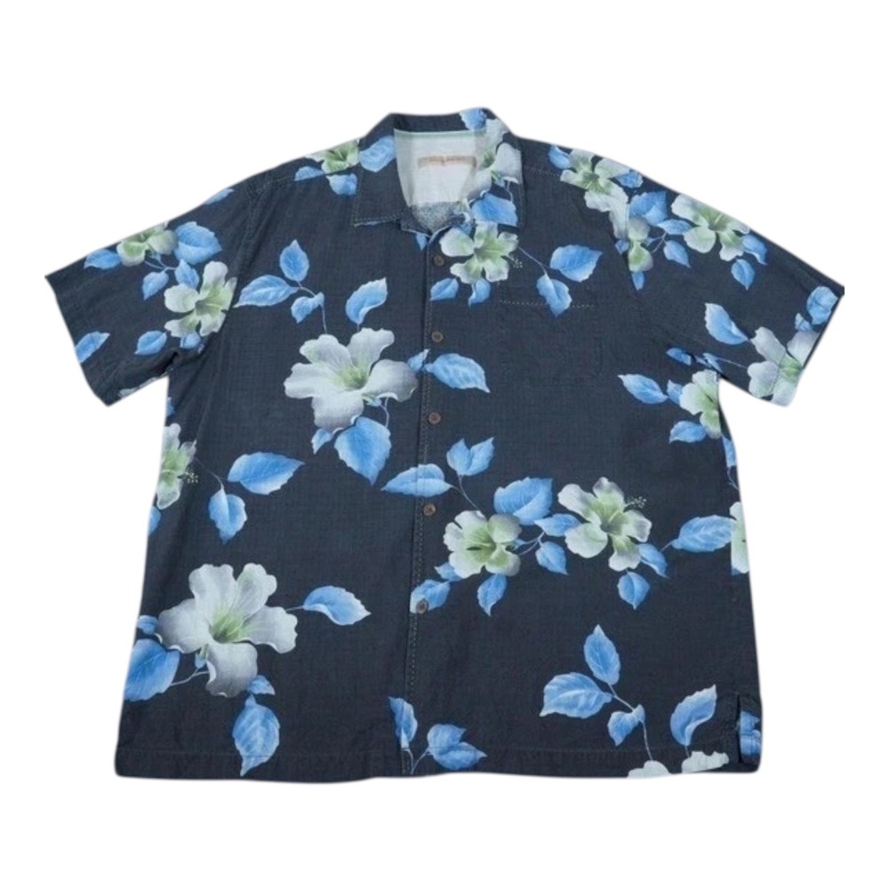 Tommy Bahama 100% Silk Hawaiian‎ Shirt Mens XL Blue Hibiscus Floral Aloha Camp